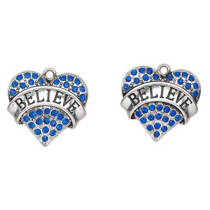 Charm, antique silver finish enamel "pewter" (zinc-based alloy) and glass, cobalt blue and black, 24x23mm heart with "Believe". Sold per pkg of 2.