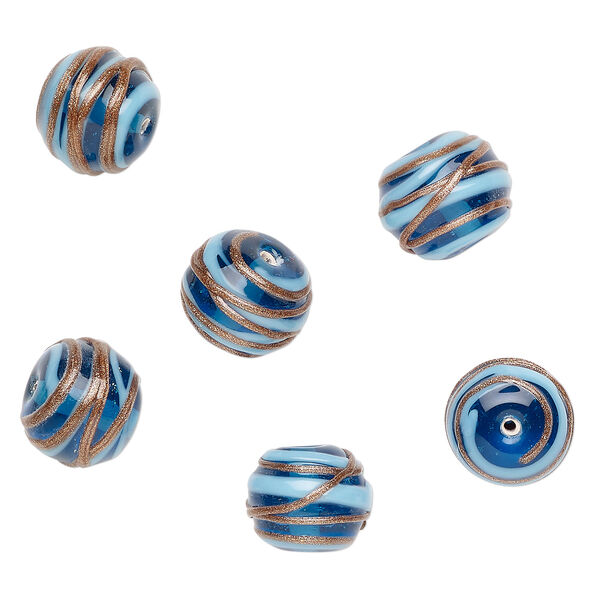 Bead, lampworked glass 1pkg6, translucent blue / opaque light blue / copper-colored glitter, 15x12mm rondelle with swirl. image number 0