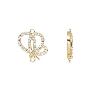 Link, cubic zirconia and gold-finished brass, clear, 15x13.5mm single-sided open butterfly. Sold individually.