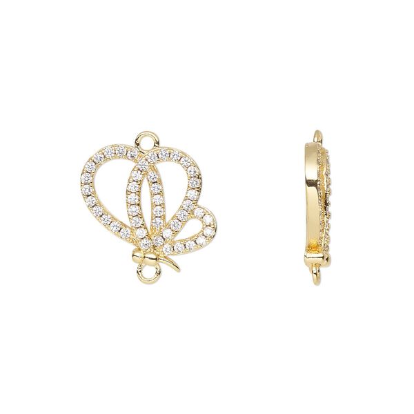 Link, cubic zirconia and gold-finished brass, clear, 15x13.5mm single-sided open butterfly. Sold individually. image number 0