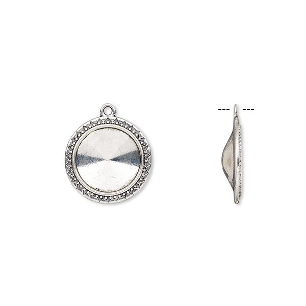 Drop, Almost Instant Jewelry®, antique silver-finished "pewter" (zinc-based alloy), 24mm round with triangle and beaded design with 18mm rivoli setting. Sold per pkg of 6. image number 0