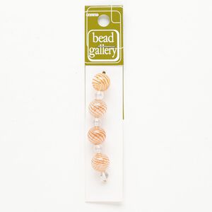 Bead 1pkg4 handblown glass, 11-13mm round / line design, translucent clear / peach