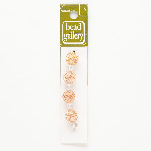 Bead 1pkg4 handblown glass, 11-13mm round / line design, translucent clear / peach image number 0