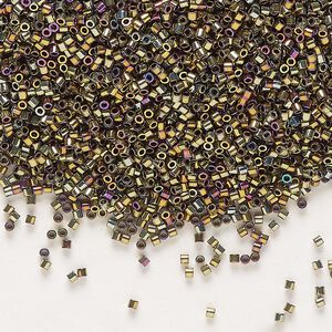 Seed bead, Delica®, glass, pkg/50g, #15 round, opaque nickel-plated golden olive iris (DBS-0029).