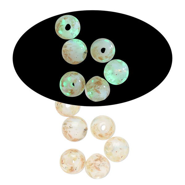 Bead, lampworked glass, clear /opaque white/ glow-in-the-dark / gold, 6mm round. Sold per pkg of 6. image number 0