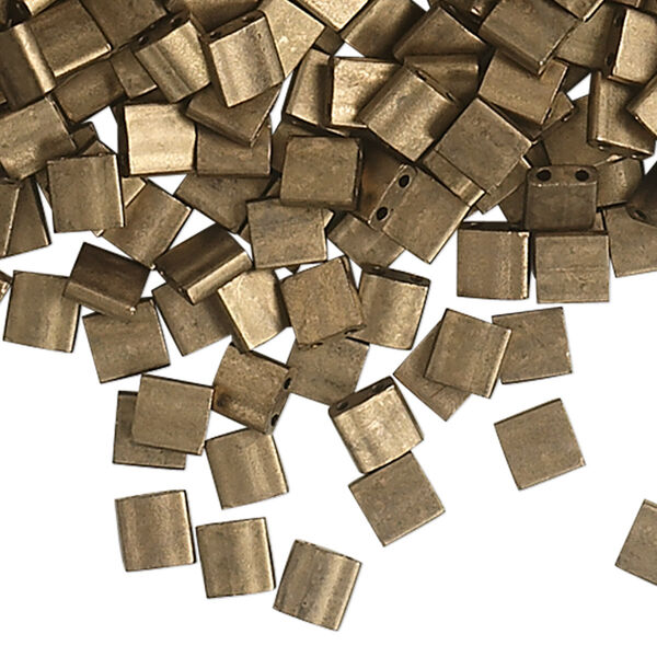Bead, Miyuki, TILA®, glass, opaque matte metallic dark bronze, (TL2006), 5mm square with (2) 0.8mm holes, fits up to 3mm beads. Sold per 250-gram pkg. image number 0