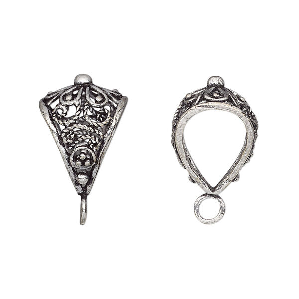 Bail, antique silver-plated brass, 18x13mm filigree with flower design and closed loop, 10mm hole. Sold per pkg of 2. image number 0