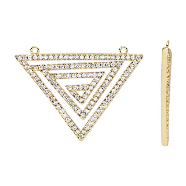 Focal, cubic zirconia and gold-finished brass, clear, 30x25.5x25mm single-sided triangle with 2 loops. Sold individually. image number 0