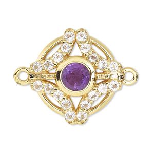 Link, amethyst / white topaz (natural) / gold-finished sterling silver, 14mm round with cutouts. Sold individually.
