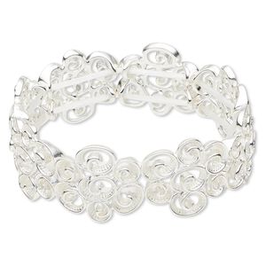Bracelet, stretch, epoxy and silver-finished "pewter" (zinc-based alloy), 23mm wide with swirl flower design, 6-1/2 inches. Sold individually.