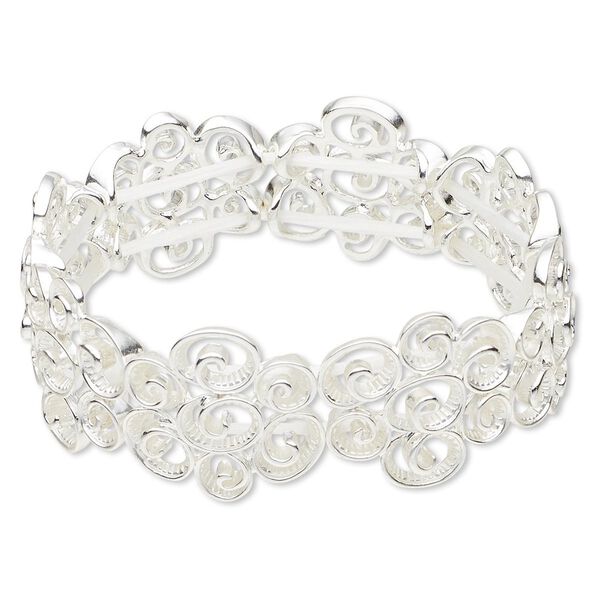 Bracelet, stretch, epoxy and silver-finished "pewter" (zinc-based alloy), 23mm wide with swirl flower design, 6-1/2 inches. Sold individually. image number 0