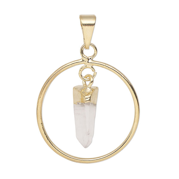 Pendant, Everyday Jewelry, gold-plated brass and quartz crystal (natural), 30x25mm-32x27mm open round. Sold individually. image number 0