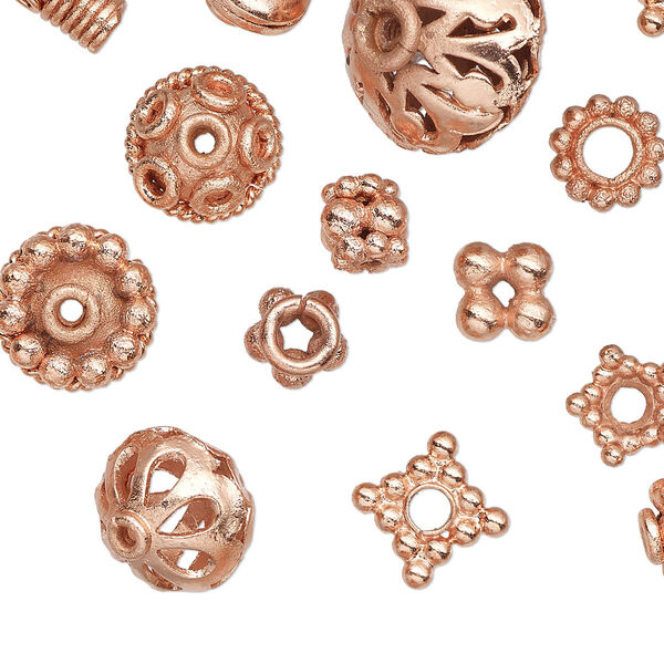 Bead and bead cap mix, copper, 5x2mm-15x14mm mixed shape. Sold per 50-gram pkg, approximately 60-70 pieces. image number 0