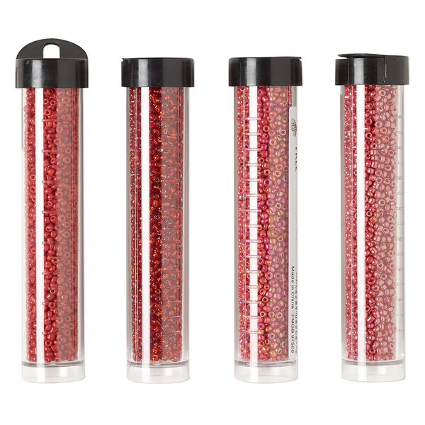 Seed bead assortment, Ming Tree™, glass, pkg/(4) 4 x 3/4 inch vials, #11 round, opaque and transparent silver-lined luster red. image number 0