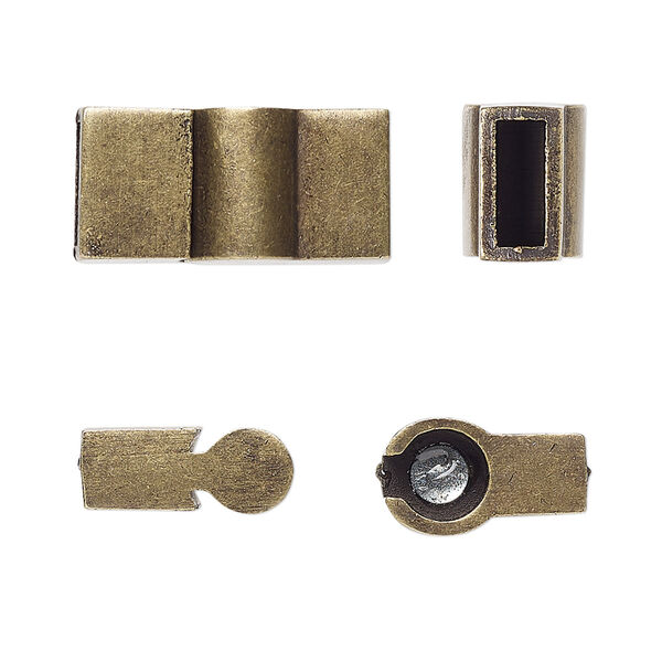 Clasp, magnetic slide-lock, antique brass-plated "pewter" (zinc-based alloy), 21x10mm rectangle with 8x3mm glue-in cord ends. Sold individually. image number 0