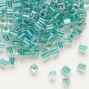 Seed bead, Miyuki 1pkg10g, glass, 3.5-3.7mm square, transparent metallic aqua inside dyed color clear (SB-2605)