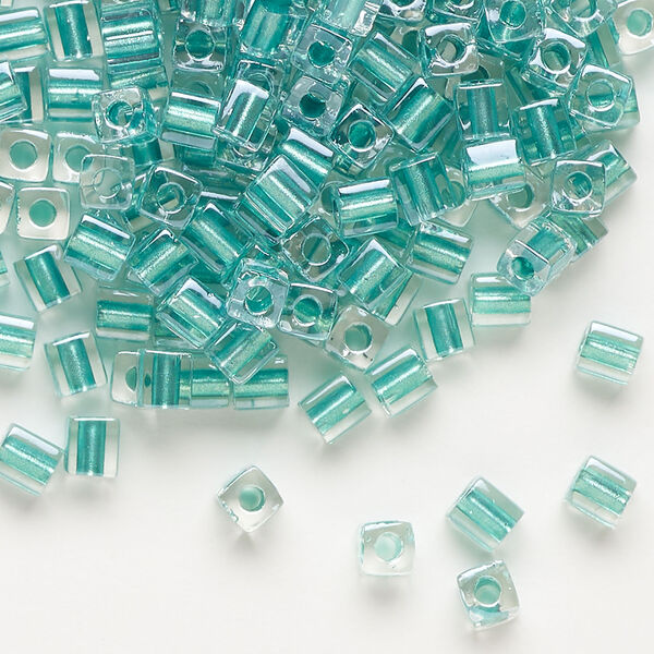 Seed bead, Miyuki 1pkg10g, glass, 3.5-3.7mm square, transparent metallic aqua inside dyed color clear (SB-2605) image number 0