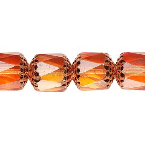 Bead, Czech dipped décor glass, tangerine Apollo, 10mm round cathedral. Sold per 15-1/2" to 16" strand.