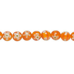 Bead, millefiori glass 1pkg1, translucent bright orange / white / light green, 6mm round, 15 inches.