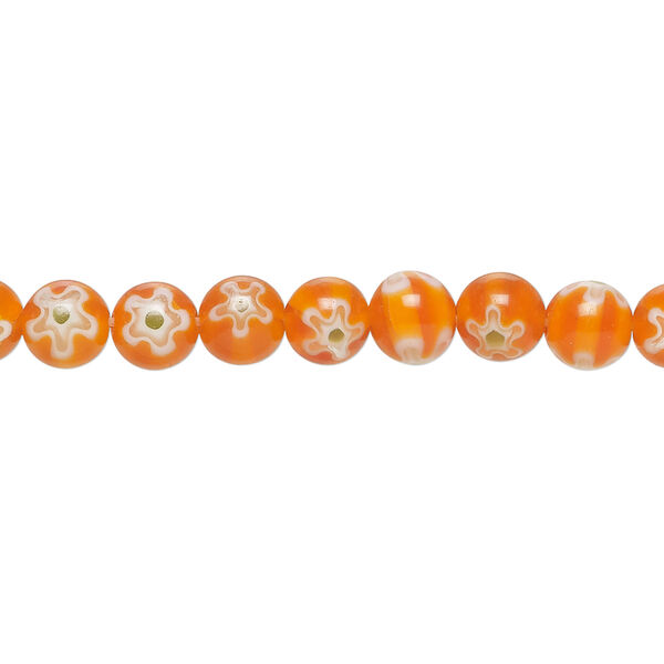 Bead, millefiori glass 1pkg1, translucent bright orange / white / light green, 6mm round, 15 inches. image number 0