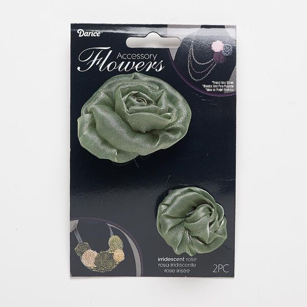 Sew-on component, fabric, iridescent green, 1-1/4 to 1-1/2 inch and 2-1/4 to 2-3/4 inch rose. Sold per pkg of 2. image number 0