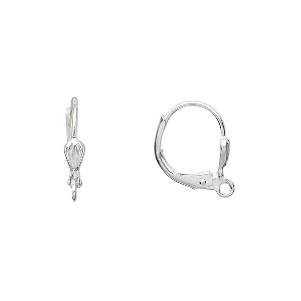 Ear wire, silver-plated brass, 15mm leverback with 6x3mm shell and open loop. Sold per pkg of 50 pairs. image number 0