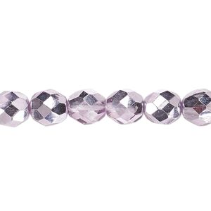 Bead, Czech fire-polished glass, clear with half-coat metallic pink silver, 8mm faceted round. Sold per 15-1/2" to 16" strand.