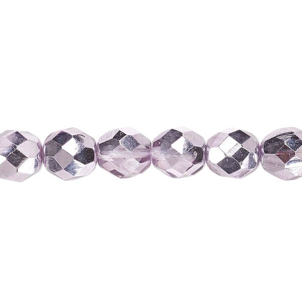 Bead, Czech fire-polished glass, clear with half-coat metallic pink silver, 8mm faceted round. Sold per 15-1/2" to 16" strand. image number 0