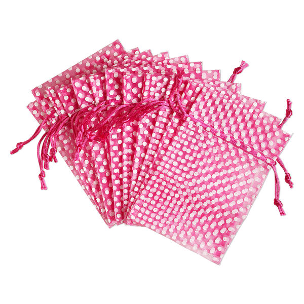 Pouch, organza, hot pink and white, 6x4 inches with dots pattern and drawstring closure. Sold per pkg of 12. image number 0