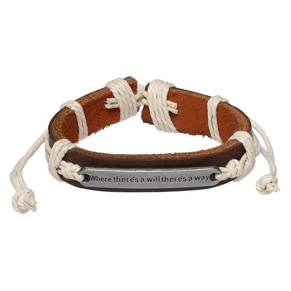 Bracelet, leather (dyed) / waxed cotton cord / antiqued "pewter" (zinc-based alloy), brown and tan, 12mm wide with 44x7mm rectangle with "Where there's a will, there's a way," adjustable from 5-1/2 to 8 inches with knot closure. Sold per pkg of 2. image number 0