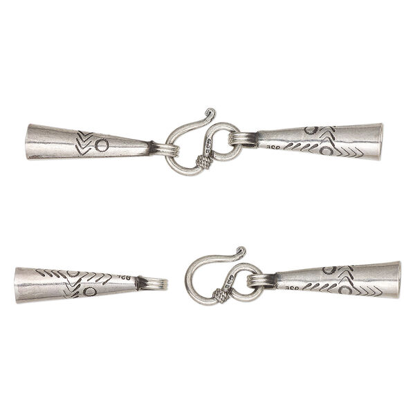 Clasp, Hill Tribes, hook-and-eye, antiqued sterling silver, 59x7mm with 2 glue-in cones, 5.5mm inside diameter. Sold individually. image number 0
