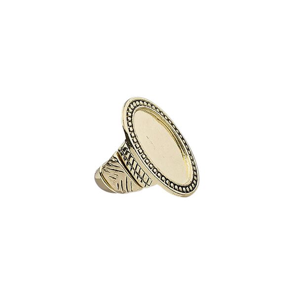 Ring, stretch, antiqued gold-finished "pewter" (zinc-based alloy), 33mm wide with beaded / rope / line design and 25x18mm non-calibrated oval setting, size 8. Sold individually. image number 0