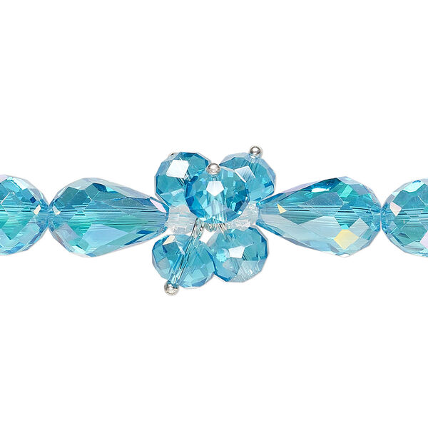 Bead, glass and silver-finished brass, translucent light blue AB / light blue / clear, 4mm faceted bicone / 8x6mm faceted rondelle / 15x10mm faceted teardrop. Sold per 8-inch strand. image number 0