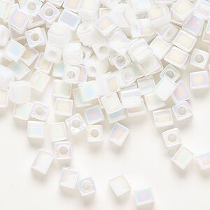 Seed bead, Miyuki, glass, pkg/25g, 3.5-3.7mm square, opaque rainbow chalk white (SB-402R).