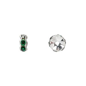 Bead, glass rhinestone and silver-plated brass, emerald green, 7x3mm rondelle. Sold per pkg of 10.