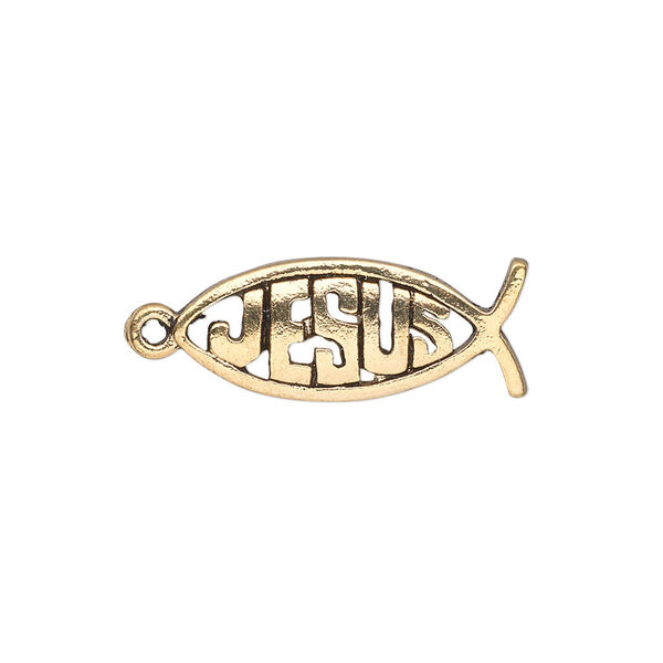Drop, antique gold-finished "pewter" (zinc-based alloy), 23x9mm single-sided Christian fish with "JESUS." Sold per pkg of 20. image number 0