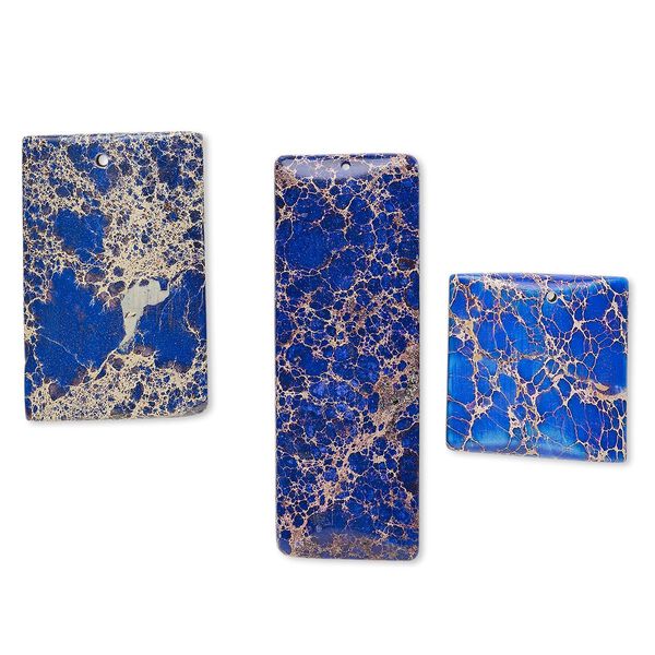 Focal and drop mix, magnesite (dyed / stabilized), lapis blue to grape, 29x24mm-66x32mm top-drilled puffed square and puffed rectangle, Mohs hardness 3-1/2 to 4. Sold per pkg of 3. image number 0