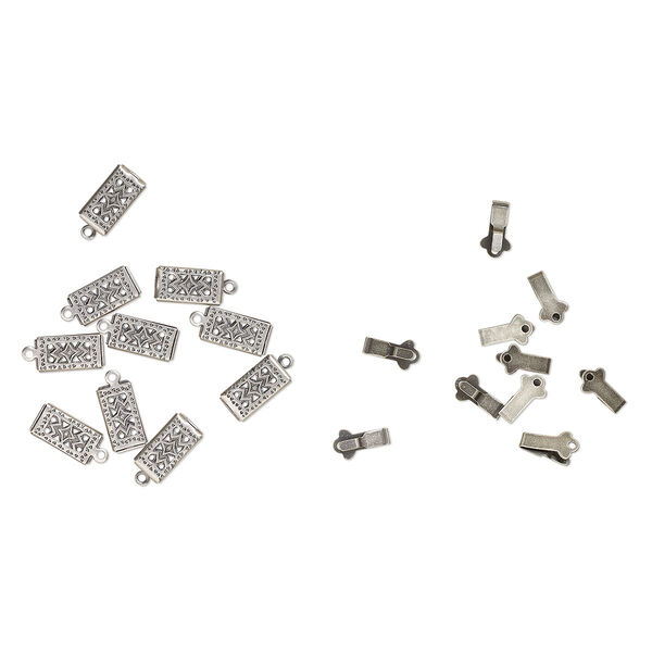 Clasp, tab, antique silver-plated brass, 11x6mm double-sided filigree rectangle with diamond design. Sold per pkg of 10. image number 0