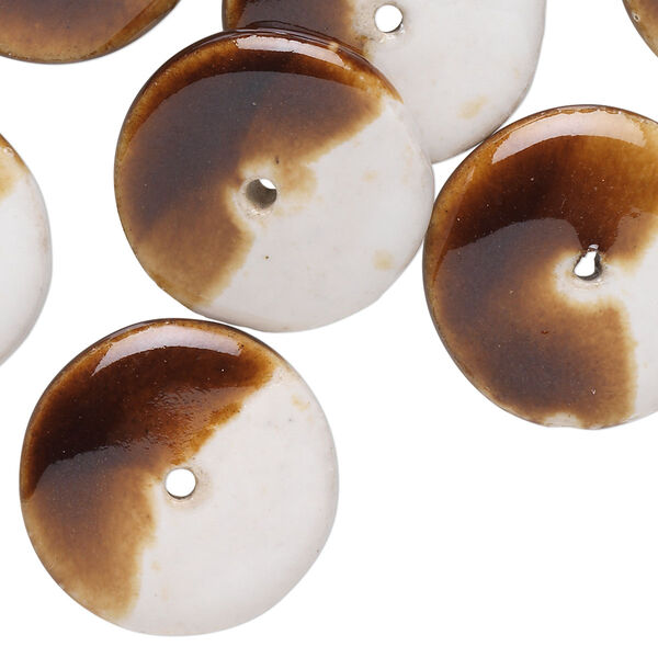 Component, porcelain, white and brown, 22mm round donut. Sold per pkg of 10. image number 0
