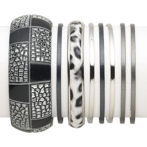 Bracelet mix, bangle, plastic / vinyl / silver- / gold- / gunmetal-finished steel, white and black, 3-29mm wide with mixed design, 8 inches. Sold per 8-piece set.