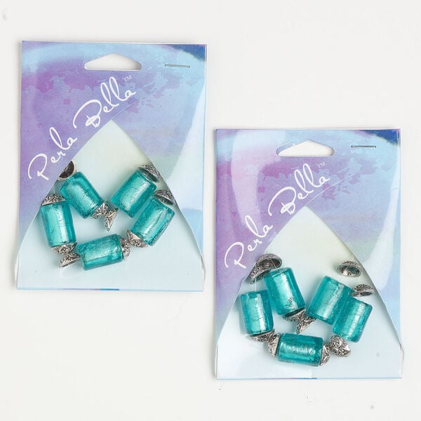 Bead assortment 1pkg30, antique silver-finished "pewter" (zinc alloy) and lampworked glass, blue with silver-colored foil, 16x13mm cylinder / 10x5mm bead cap, fits 9-11mm beads. image number 0