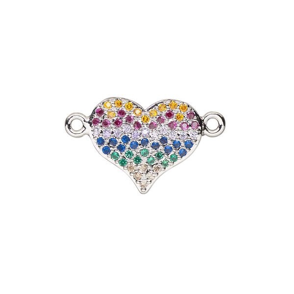 Link, cubic zirconia and silver-finished brass, multicolored, 14.5x12mm single-sided heart. Sold individually. image number 0