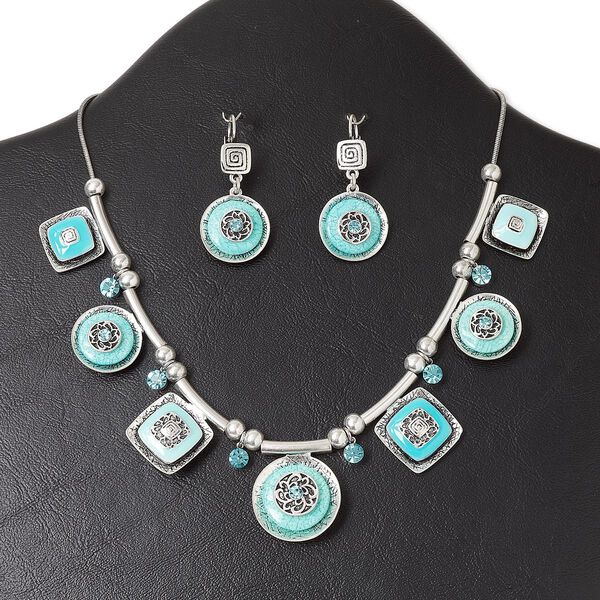 Necklace and earring set, antique silver-plated "pewter" (zinc-based alloy) and steel / enamel / glass rhinestone / resin, blue / turquoise blue / aqua, flat round and square, 15" to 16" necklace with lobster claw clasp and 3-inch extender chain, 1-3/4 inch earring with leverback ear wire. Sold per set. image number 0