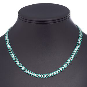 Necklace, epoxy and silver-plated brass, turquoise green, 6.5mm wide with wreath design, 18 inches with 2-inch extender chain and lobster claw clasp. Sold individually.