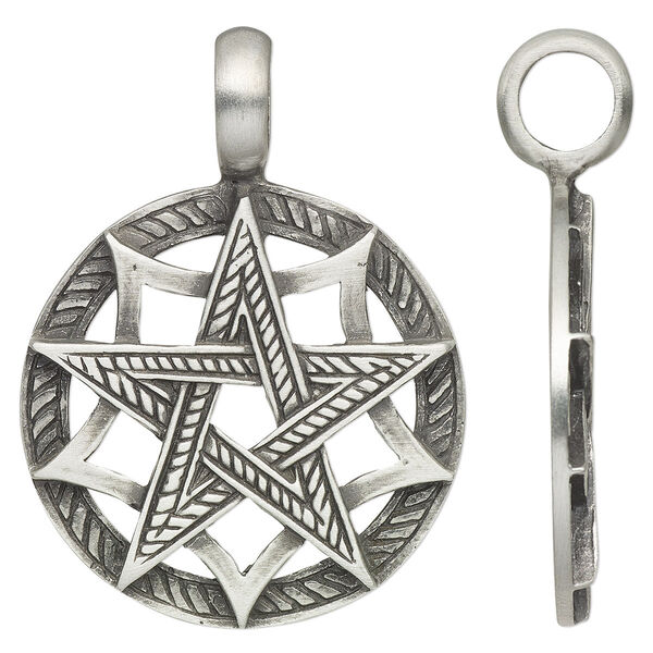 Pendant, antiqued pewter (tin-based alloy), 45x33mm single-sided round with pentagram design and 6.5mm hole. Sold individually. image number 0