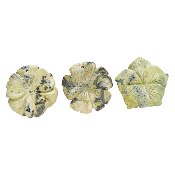 Yellow "turquoise" (serpentine with quartz) 1pkg3, carved flower focal natural B grade, mix 39x33mm-41x42mm image number 0