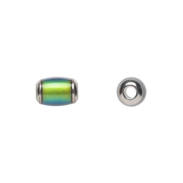 Bead, acrylic and imitation rhodium-plated brass, multicolored, 10x8mm color-changing barrel. Sold per pkg of 6. image number 0