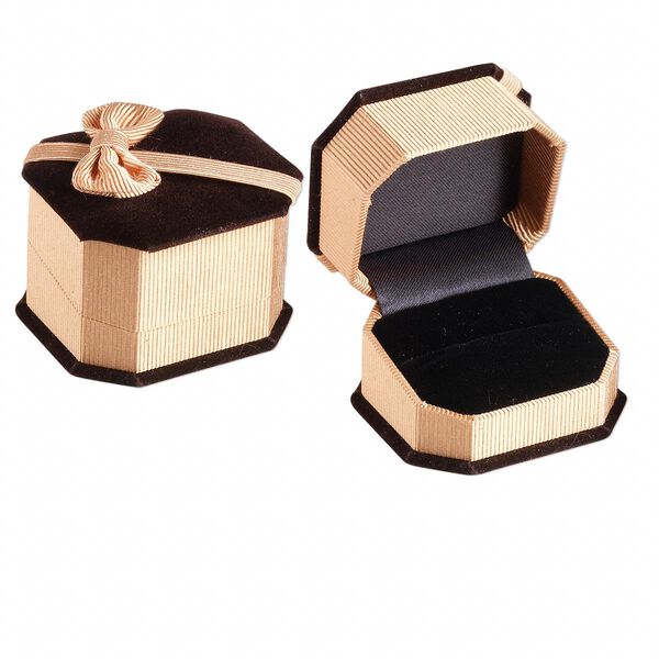 Box, ring / earstud, velveteen and satin, brown / gold / black, 2- 5/8 x 2-1/4 x 1-3/4 inches with ribbed ribbon. Sold individually. image number 0