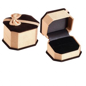 Box, ring / earstud, velveteen and satin, brown / gold / black, 2- 5/8 x 2-1/4 x 1-3/4 inches with ribbed ribbon. Sold individually.