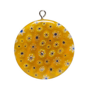 Focal, millefiori glass and silver-finished steel 1pkg1, focal translucent orange / cobalt blue / white, 30mm puffed flat round.